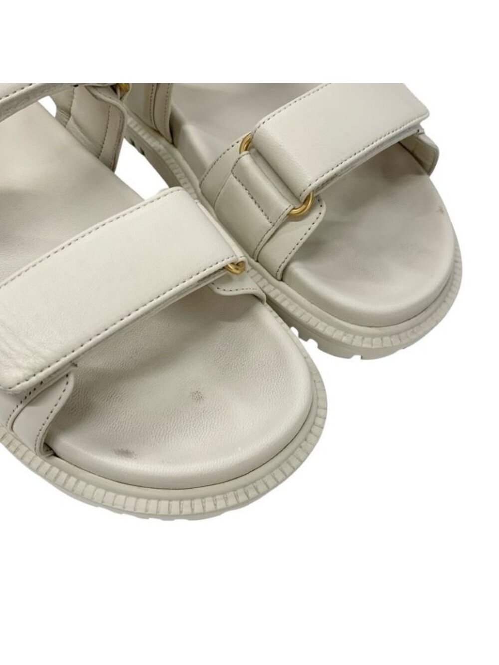 Christian Dioract Sandals Shoes Lambskin Ivory Gold Logo Velcro Strap - Picture 9 of 10